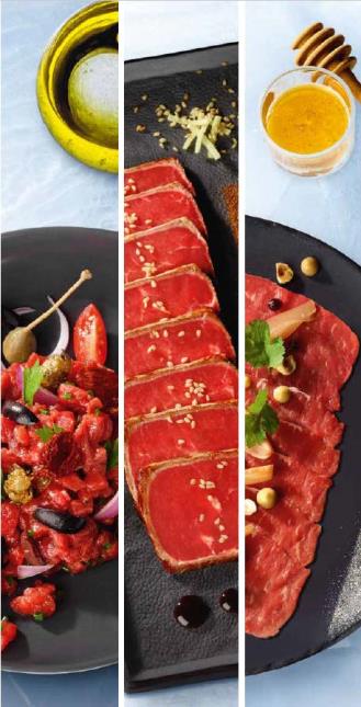 Le Tartare coupé au couteau Label Rouge, le tataki réalisé dans du faux-filet de race Limousine et le carpaccio en muscles de faux-filet de race limousine. Trois recettes préparées par Clément Bouvier.