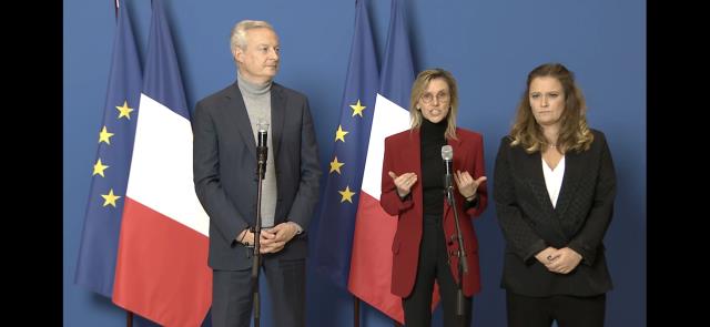 Bruno Le Maire, ministre de l'Economie, Agnès Pannier-Runacher, ministre  de la Transition énergétique et Olivia Grégoire ministre des PME  ont annoncé que les fournisseurs d'énergie avaient accepté un tarif réglementé à 280 € MWh pour l'année 2023.