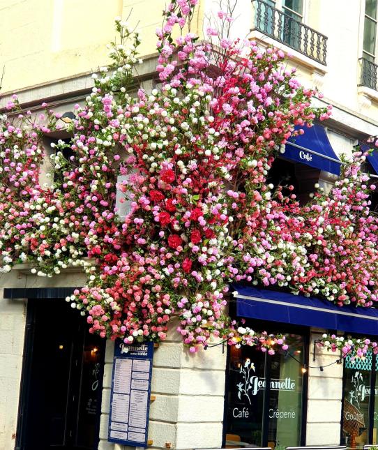 La façade fleurie du restaurant Jeanette à Saint-Étienne, un pari réussi pour faire parler de l'établissement.