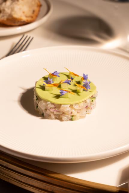 Dorade royale en tartare, crémeux de concombre à la feuille de lime