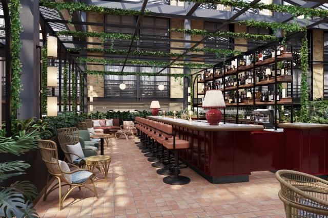 Le bar et son atrium, au Jardin de verre by Locke. 