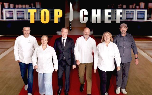 L'animateur Stéphane Rotenberg et les cinq jurés de la saison 16 de «Top Chef». De gauche à droite : Glenn Viel, Hélène Darroze, Philippe Etchebest, Stéphanie Le Quellec et Paul Pairet. 