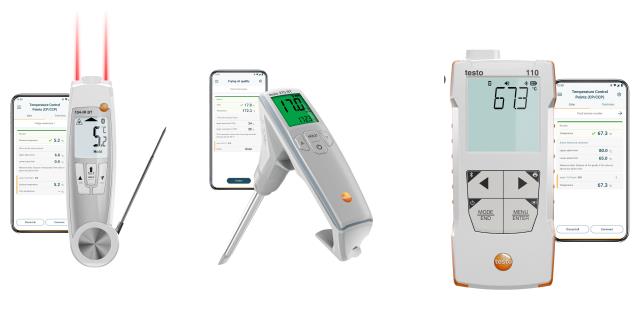 Les trois produits principaux Testo pour assurer la sécurité alimentaire sont le Thermomètre testo 104-IR BT, le Testeur d’huile testo 270 BT et le Thermomètre testo 110 Food.