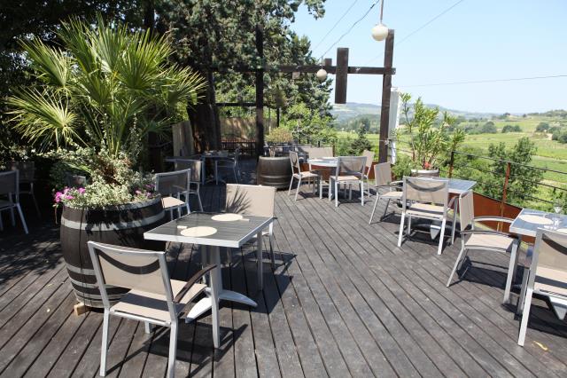 La terrasse domine le vignoble qui s'étend vers Nyons et Vaison-la-Romaine