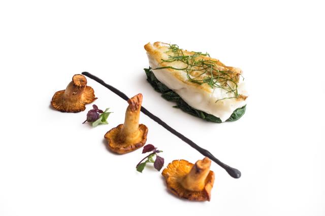 Turbot, pommes de terre et poireaux à l'encre de seiche, girolles et oseille des bois.