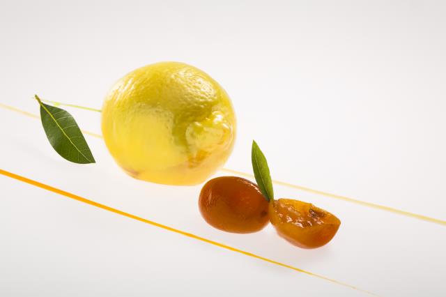 Citron de Menton délicatement cassant, sorbet citrus bergamote et kumquat du Japon du Mas Bachès, crème thym citron, meringue croustillante.