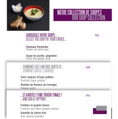 Extrait de la carte des soupes du Méridien (Paris) : le client peut personnaliser son plat avec...