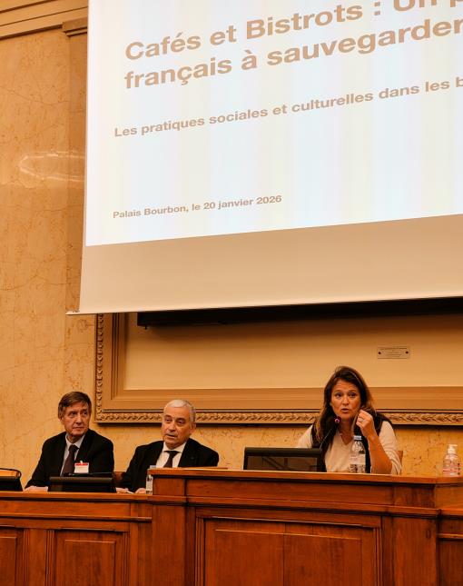 De gauche à droite : Alain Fontaine, Laurent Stéfanini (ancien ambassadeur et délégué permanent de la France auprès de l'Unesco, et Olivia Grégoire, députée. 