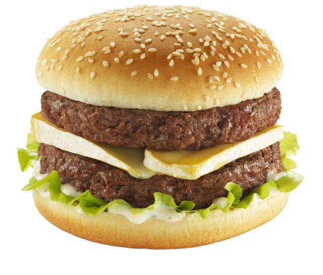 Le burger reblochon est composé d'un pain bun's, deux steaks hachés 100 % pur boeuf, reblochon AOP, salade verte et sauce grill au goût fumé.