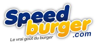 Logo Speed Burger : bleu et jaune. Avec une mise en avant de commande sur internet avec '.com'.