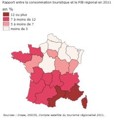 Rapport entre la consommation touristique et le PIB régional en 2011, en %.