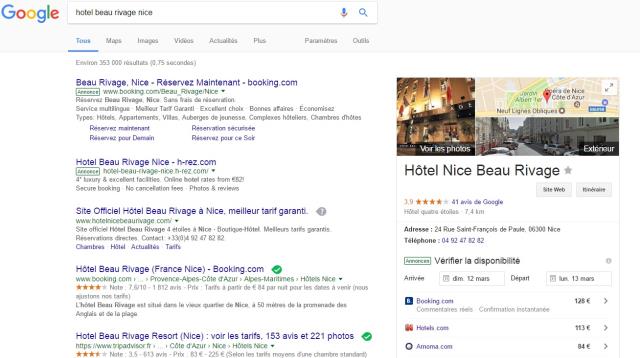 Exemple de brandjacking avec l'hôtel Beau Rivage à Nice