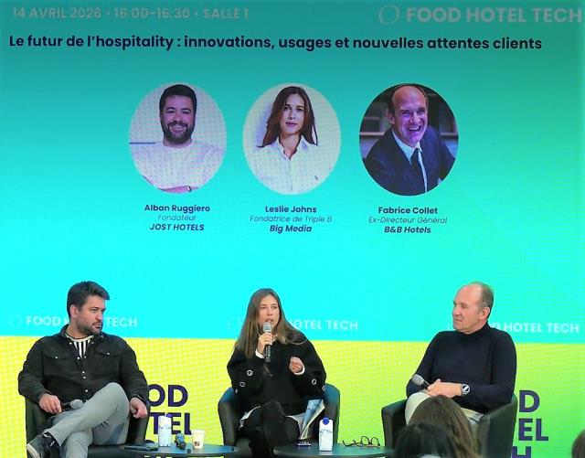 "Le futur de l’hospitality : innovations, usages et nouvelles attentes clients" : de gauche à droite : Alban Ruggiero, Leslie Jones, Fabrice Collet.