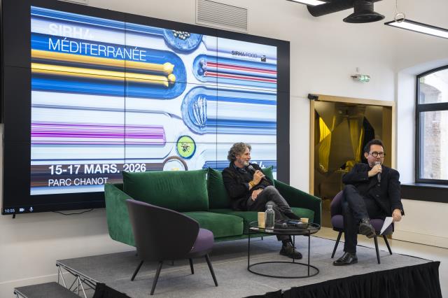 Luc Dubanchet (à droite) et Gérald Passedat présentent à la presse Sirha Méditerranée 2026.