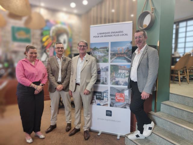 De gauche à droite : Karine Morot-Gaudry, directrice générale adjointe du groupe Logis Hotels, Olivier Marouby, DG du pôle premium, Olivier Blanc, vice-président, et Alain Beackaert, président.