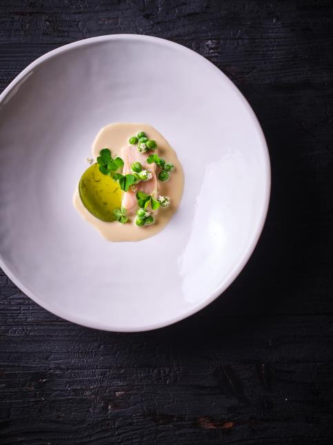 Omble chevalier, petit poits frais, ketchup de cosses de petit pois