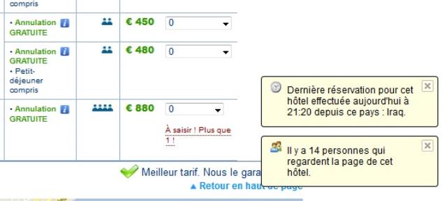 Booking.com exploite le sentiment d'urgence grâce aux pop-ups qui s'affichent en bas de page