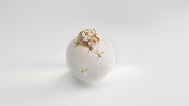 e tartare d'huîtres sur sa boule de glace -ou « baiser gelé d'huîtres »-  illustre la cuisine « sensorielle » du chef du Mugaritz