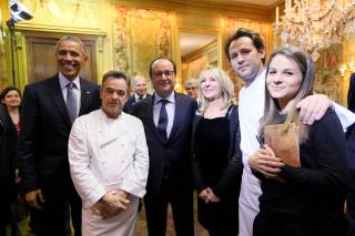 Barack Obama, Bernard Pacaud, François Hollande, Danièle Pacaud, Mathieu Pacaud et Alexia Pacaud.