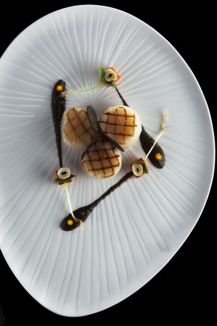 Noix de St jacques grillées à l'unilatéral  coulis à la truffe noire  Cubes de potimarron rôtis, 'huile de noisette'